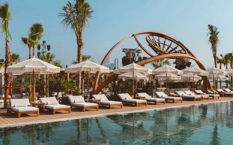 Be Beach pool and sculptural canopy at Dubai Harbour