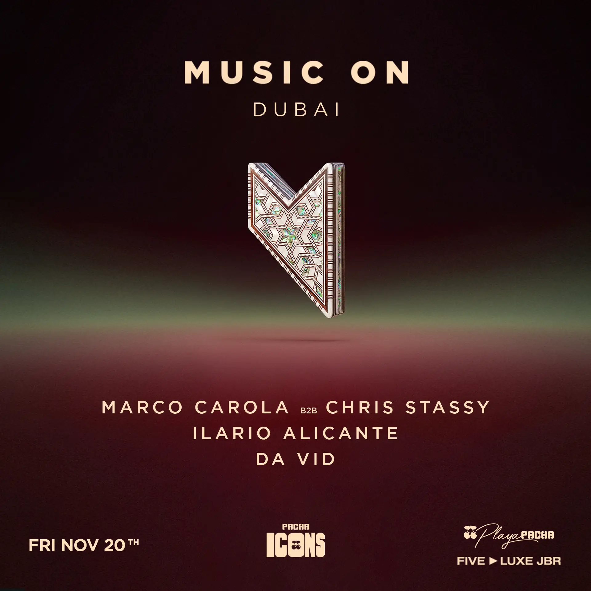 MARCO CAROLA PRESENTS MUSIC ON | PACHA ICONS event poster